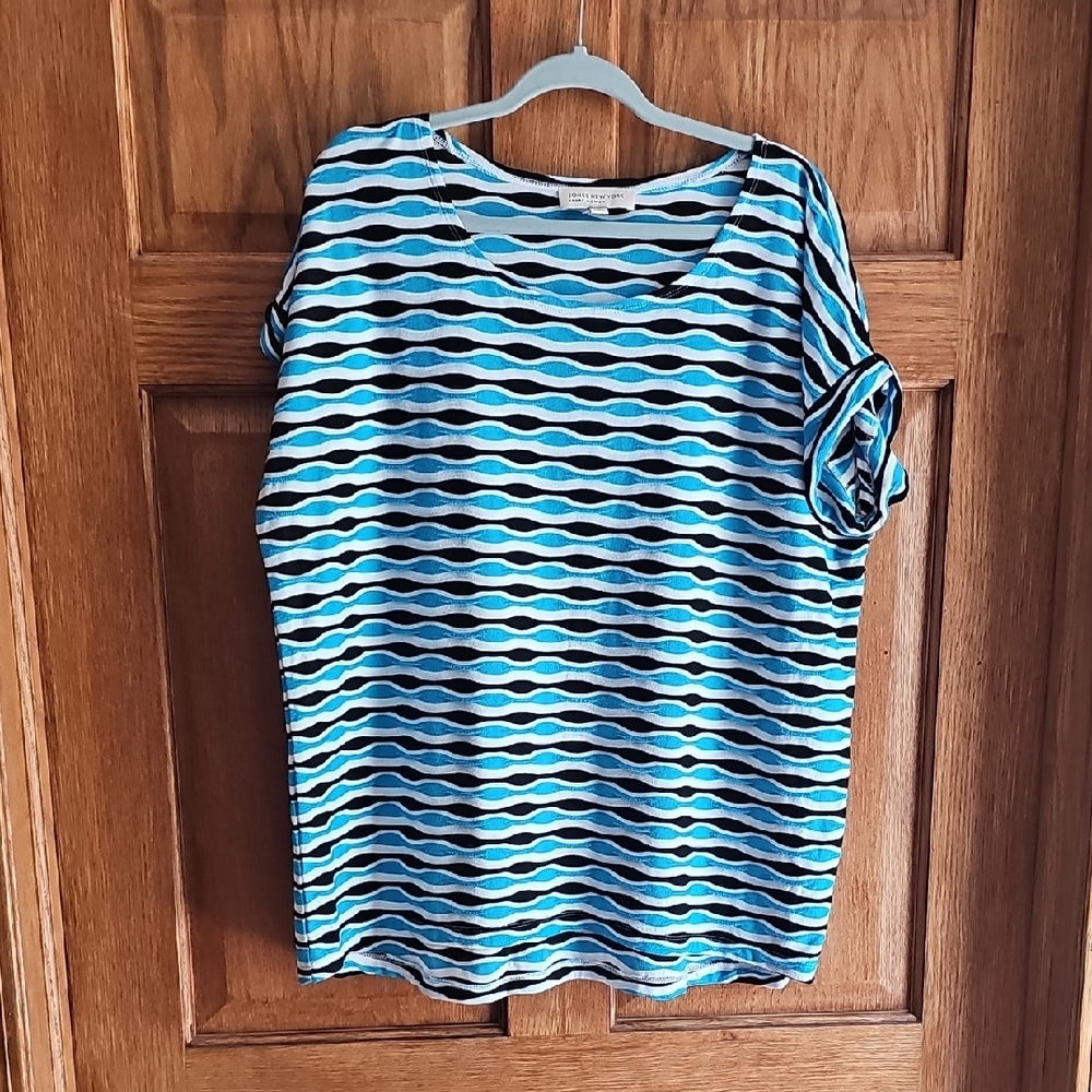 Jones New York Blue and Black Boxy Short Sleeve Blouse